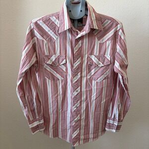 Rustler Western Shirt Mens Medium Red White Striped Pearl Snap Long Sleeve XLong